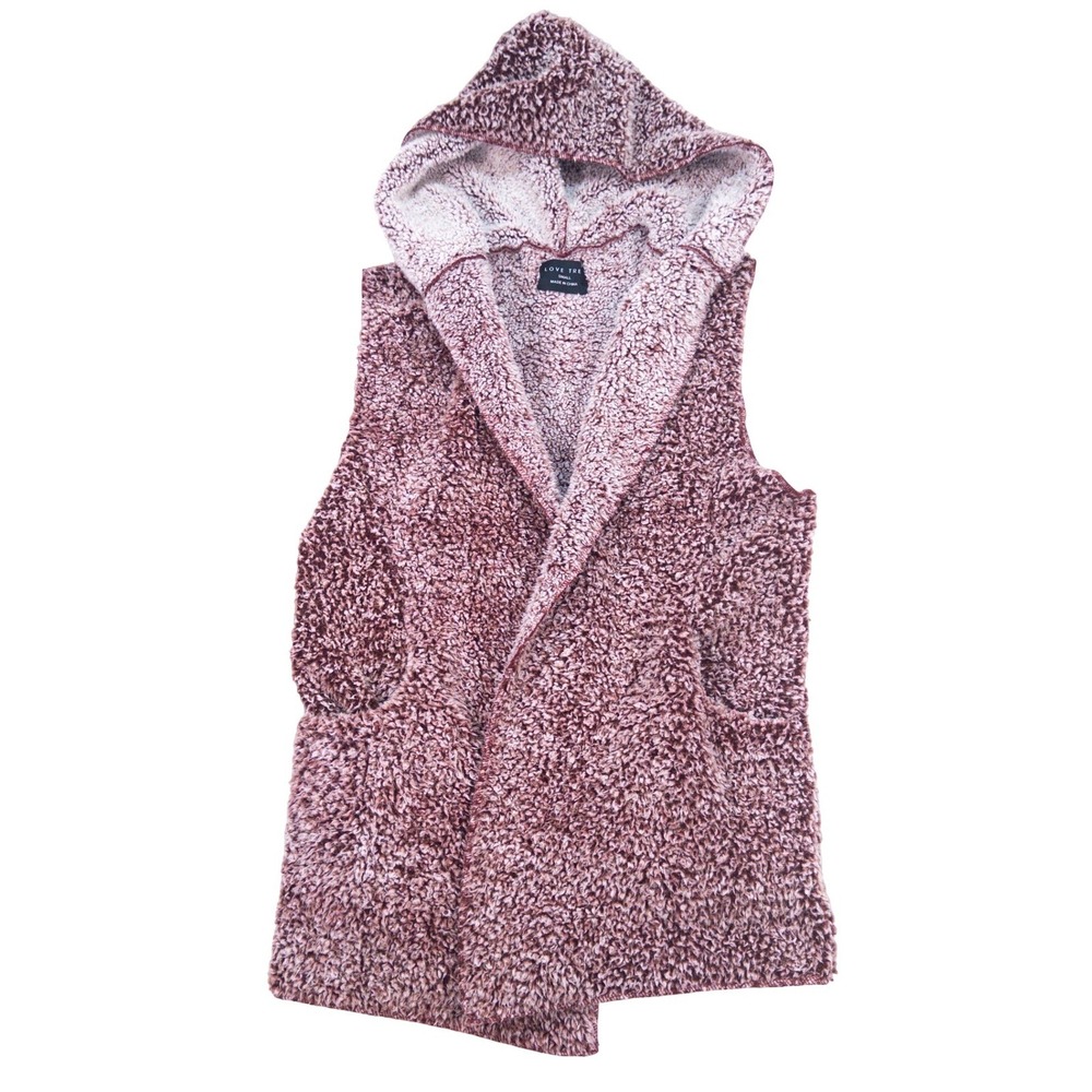 Love Tree Womens Small Burgundy Fuzzy Hooded Sleeveless Cardigan Vest Cozy